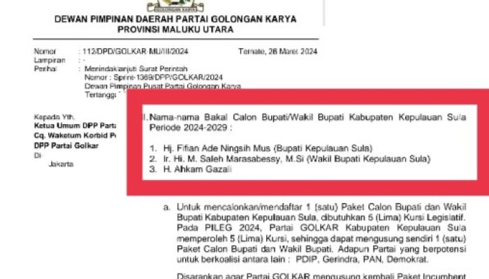 DPD  Golkar Malut Usul 3 Nama Calon Bupati Sula,  Tak Ada Makmurdin Mus